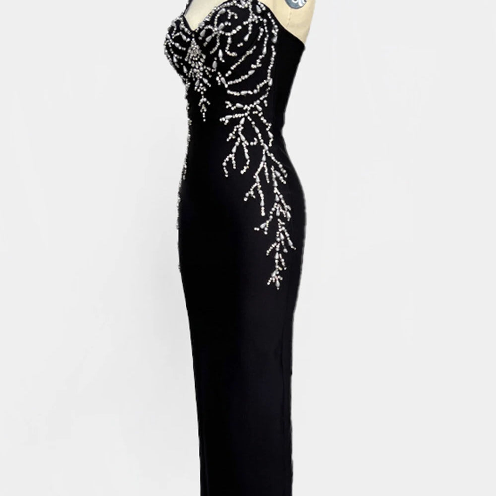 Ladies Diamond Beads Spaghetti Strap Backless Design Celebrity Evening Club Black Sleeveless Sexy Maxi Bandage Dress Vestidos