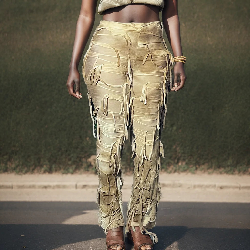 Autumn Tie-Dyed Collision Tassel High Waist Pants Skinny Casual Flared Trousers Women Slim Peculiar Fashion Streetwear