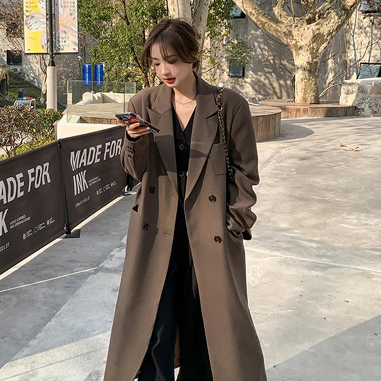 Autumn Long Coffee Flowy Blazer Coat Women with Back High Slit Double Breasted Loose Casual Korean Fashion Overcoat 2024