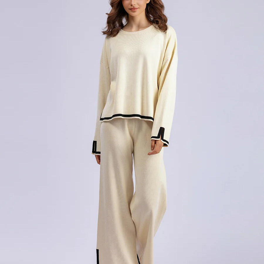 HLBCBG Knitted Women's Trousers Suit Two Piece Set Beige Winter Loose Long Sleeve Knitwear Flare Pants Sets Female Casual Suits