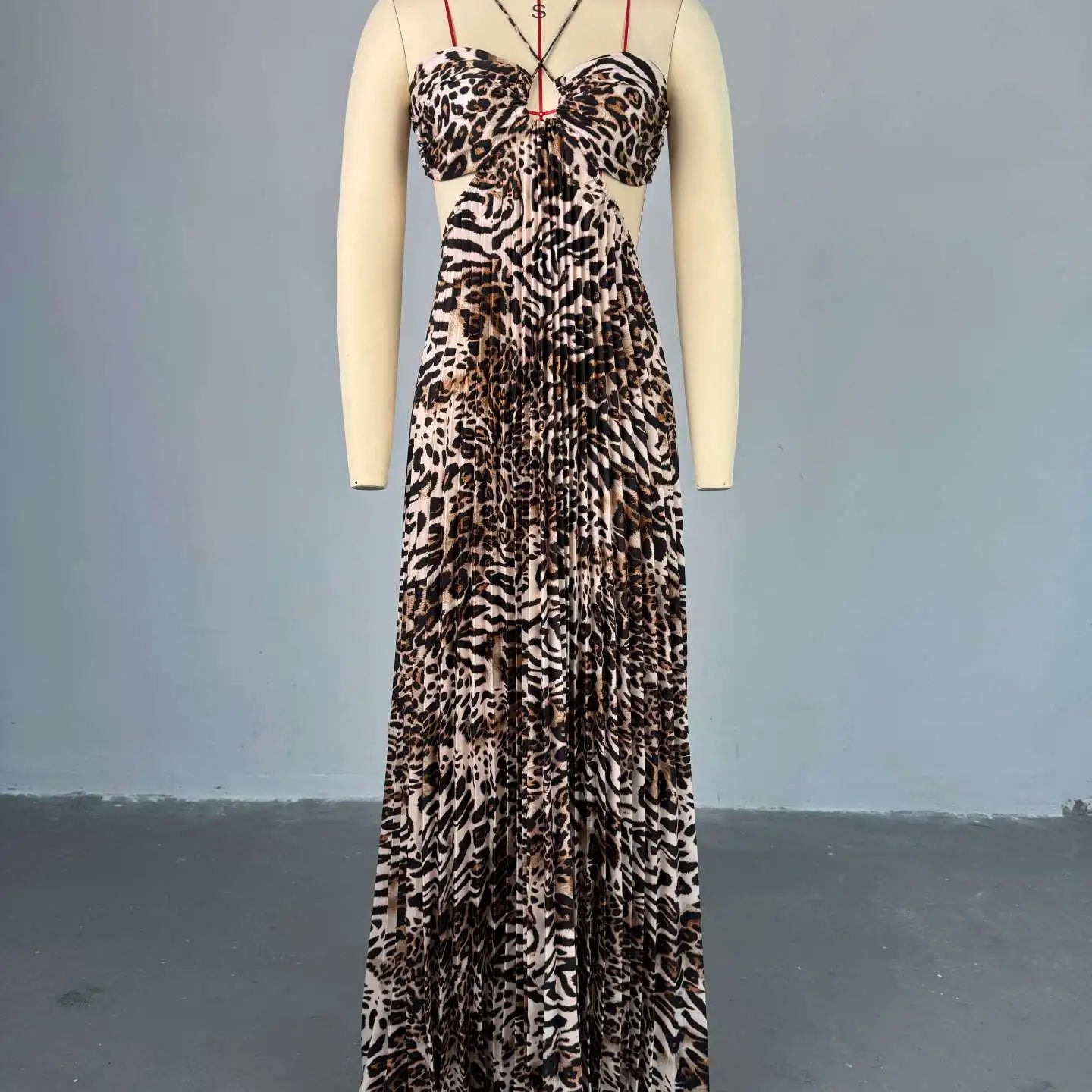 CM.YAYA Elegant Women  Leopard Print Sleeveless Strapless Floor-Length Long Dress 2025 Beach Party Birthday Sexy Pleated Dresses