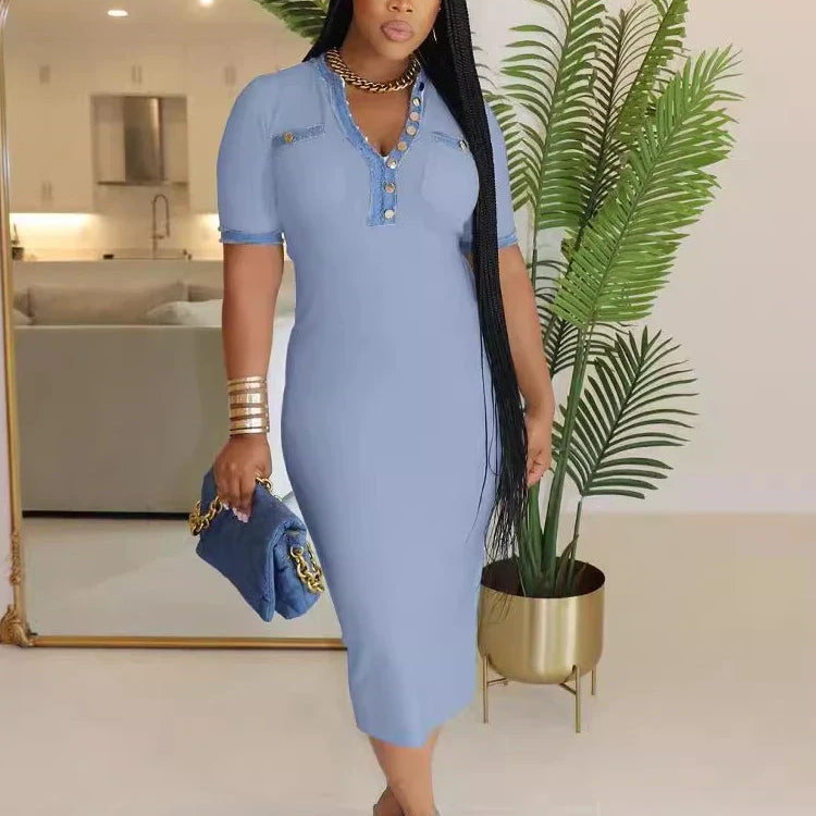 CM.YAYA Women Button Front Denim Splicing V-neck Short Sleeve Midi Dress 2024 Summer Sexy Club Street Party Dresses Vestidos