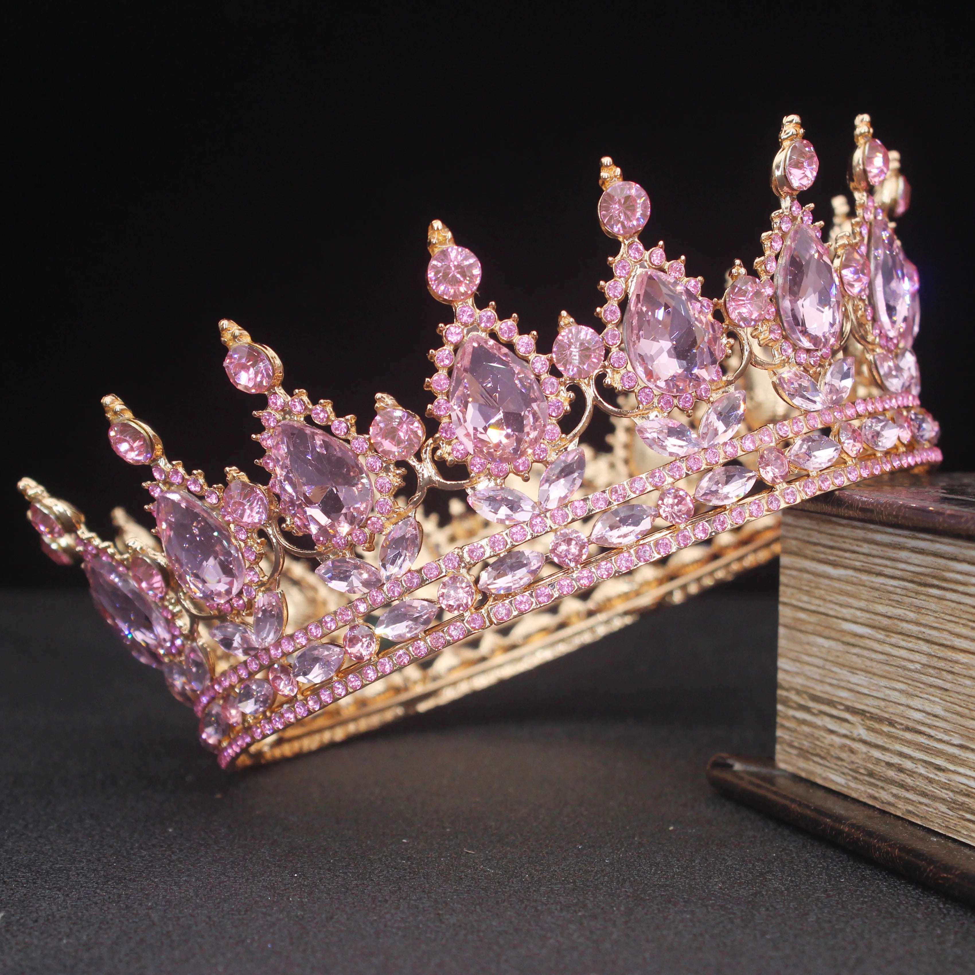 Crystal Queen King Tiaras and Crowns Bridal Diadem For Bride Women Headpiece Hair Ornaments Wedding Head Jewelry Accessories KC all Pink