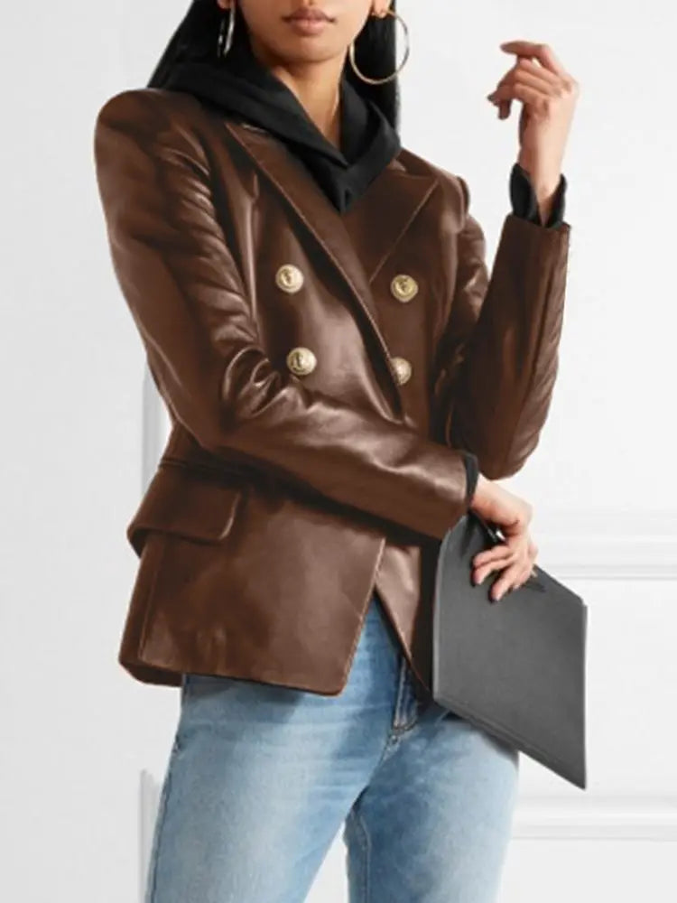 Solid Work Outerwear Women PU Leather Jacket Autumn Buttons Thin Blazer Vintage Long Sleeve Casual Lapel Collar Coat Brown