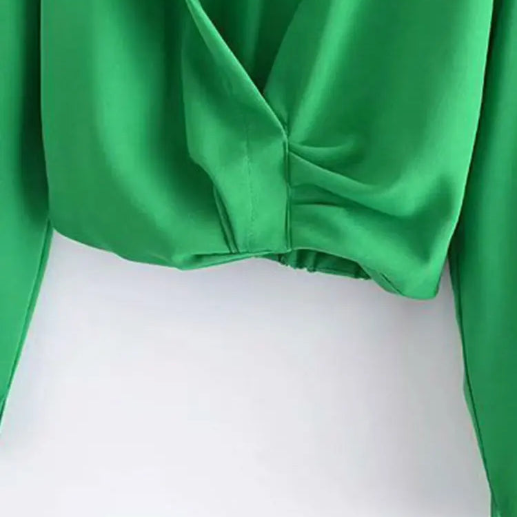 Spring Women Vintage Elegant Green Shirt Female Sexy V Neck Streetwears Blouses Casual Tie Slim Shirt Chic Top