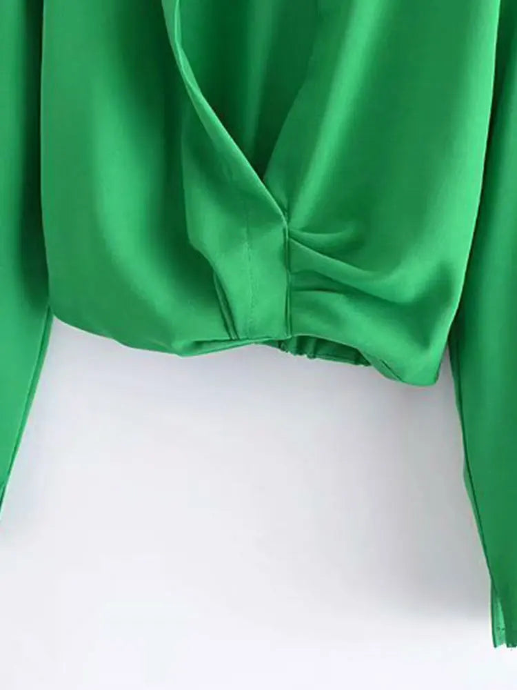 Spring Women Vintage Elegant Green Shirt Female Sexy V Neck Streetwears Blouses Casual Tie Slim Shirt Chic Top