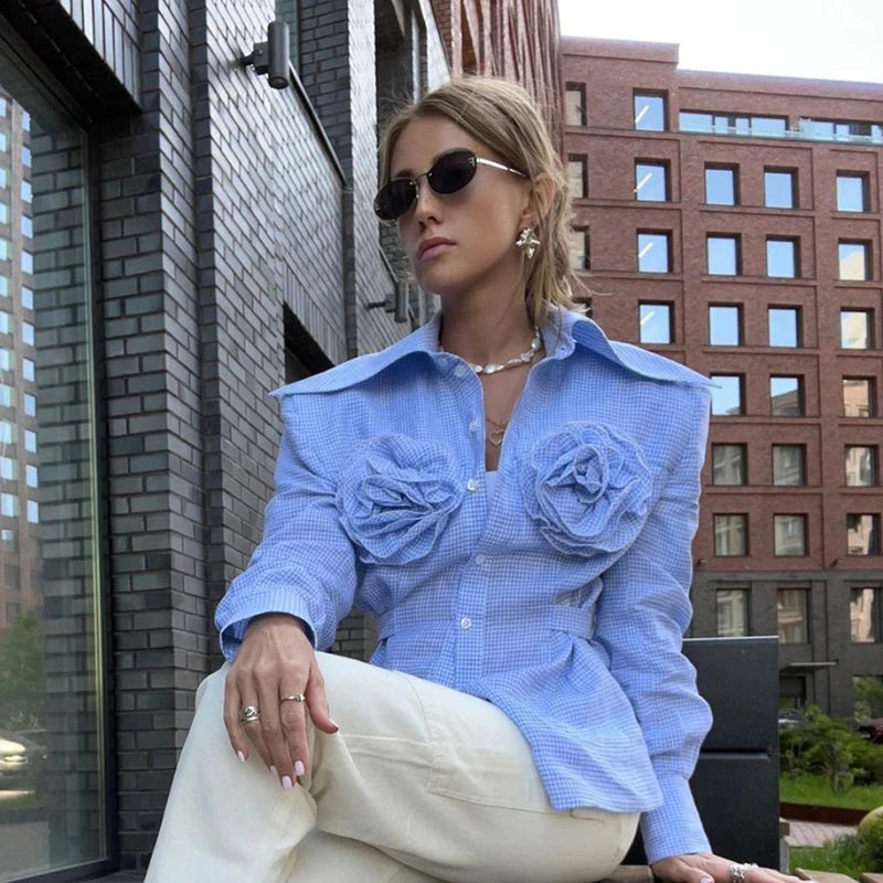 Fairy Grunge 3D Floral Plaid Shirt 90s Vintage Long Sleeve Lapel Button Women Shirt French Aesthetic Trendy Fashion Streetwear Blue