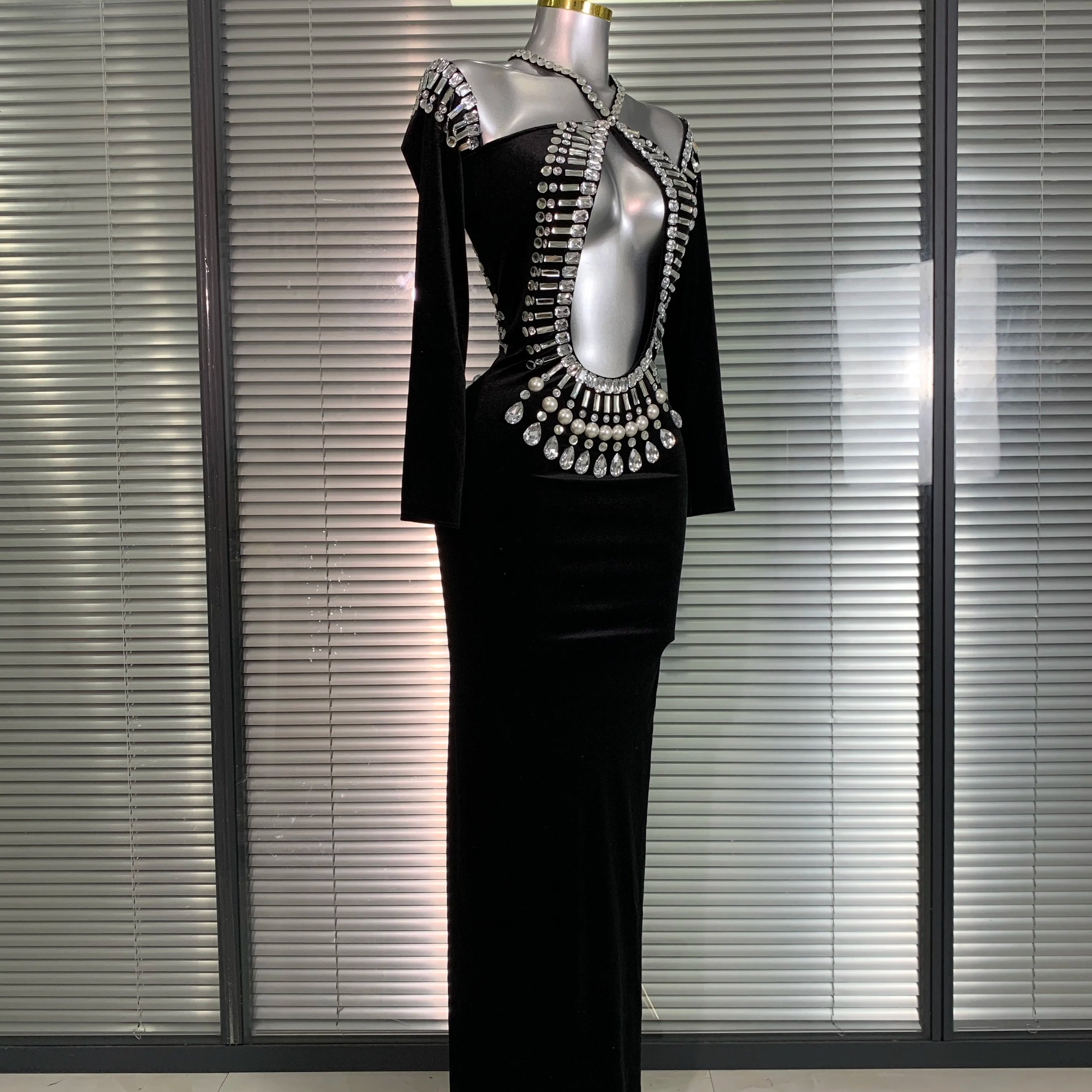 INS New Women Sexy Velvet Stretched Crystal Diamonds Rhinestones Maxi Dress Night Club Party Singer Stage Costume