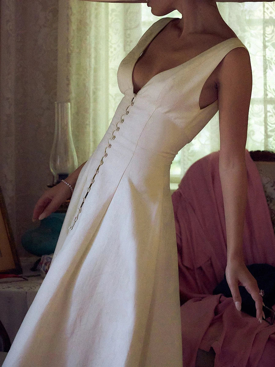 Women’s V Neck Tank Dress Low Cut Front Button A-line High Waist Backless Knee Length Dress for Party Club Wedding Night