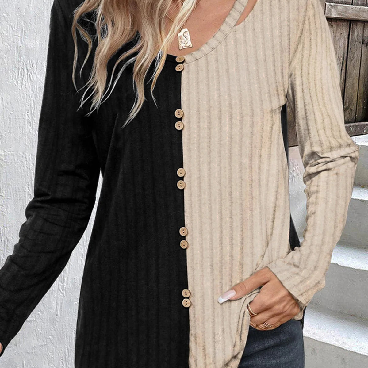 Color-Blocked Ribbed Button Hollow Out Blouse Elegant Women Casual Long Sleeve Loose Fashion Comfy Autumn Commuter Tops