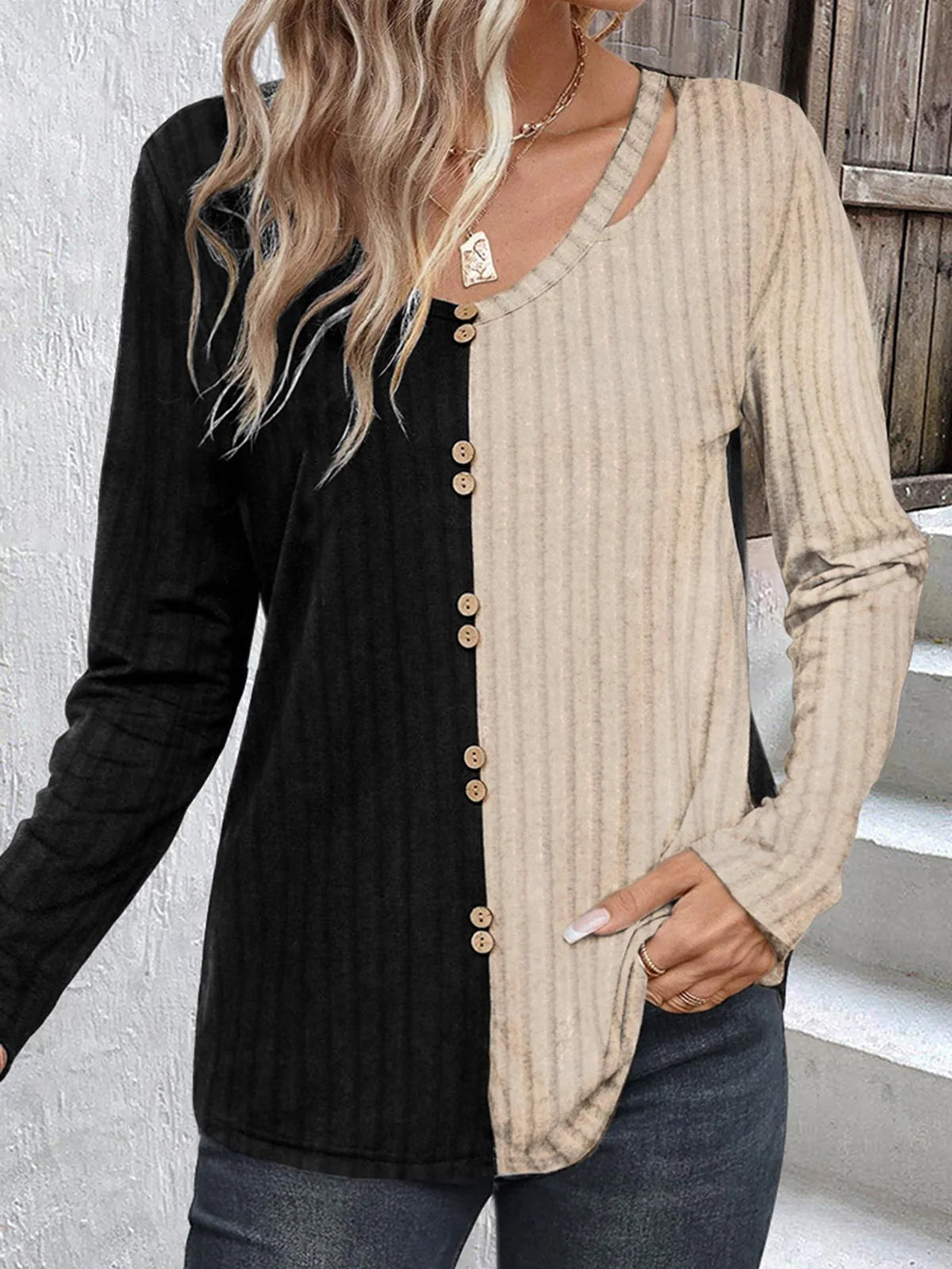 Color-Blocked Ribbed Button Hollow Out Blouse Elegant Women Casual Long Sleeve Loose Fashion Comfy Autumn Commuter Tops