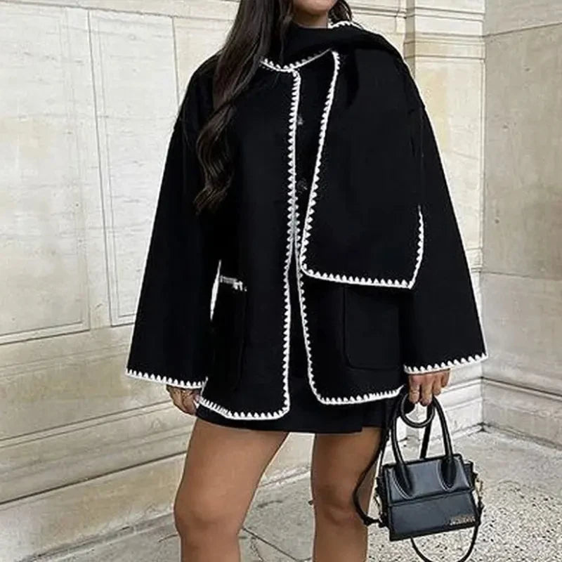 TRAFZA 2023 Autumn Fashion Woman Black Crochet Scarf Coat O Neck Long Sleeve Button Straight Casual Vintage Female Cozy Coats black