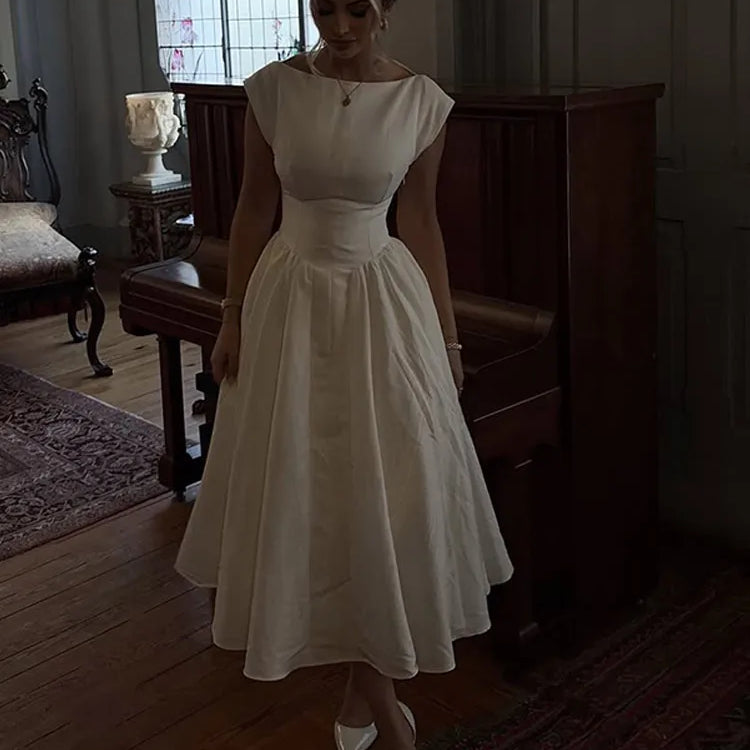 Chic Off Shoulder Irregular Neck Women's Dress Elegant High Waist A-line Hem Pleated Midi Dresses New Summer Lady Commuting Robe