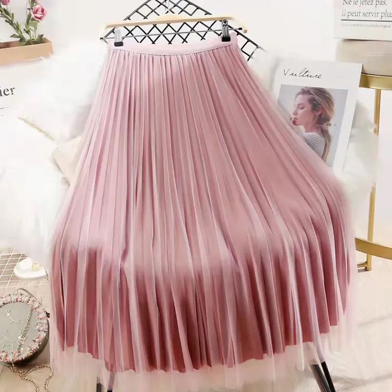 Both Sides Wear Pearls Mesh Skirt Women Summer Velvet High Waist Long Skirts Woman Solid Color A Line Pleated Skirts pink no pearls One Size