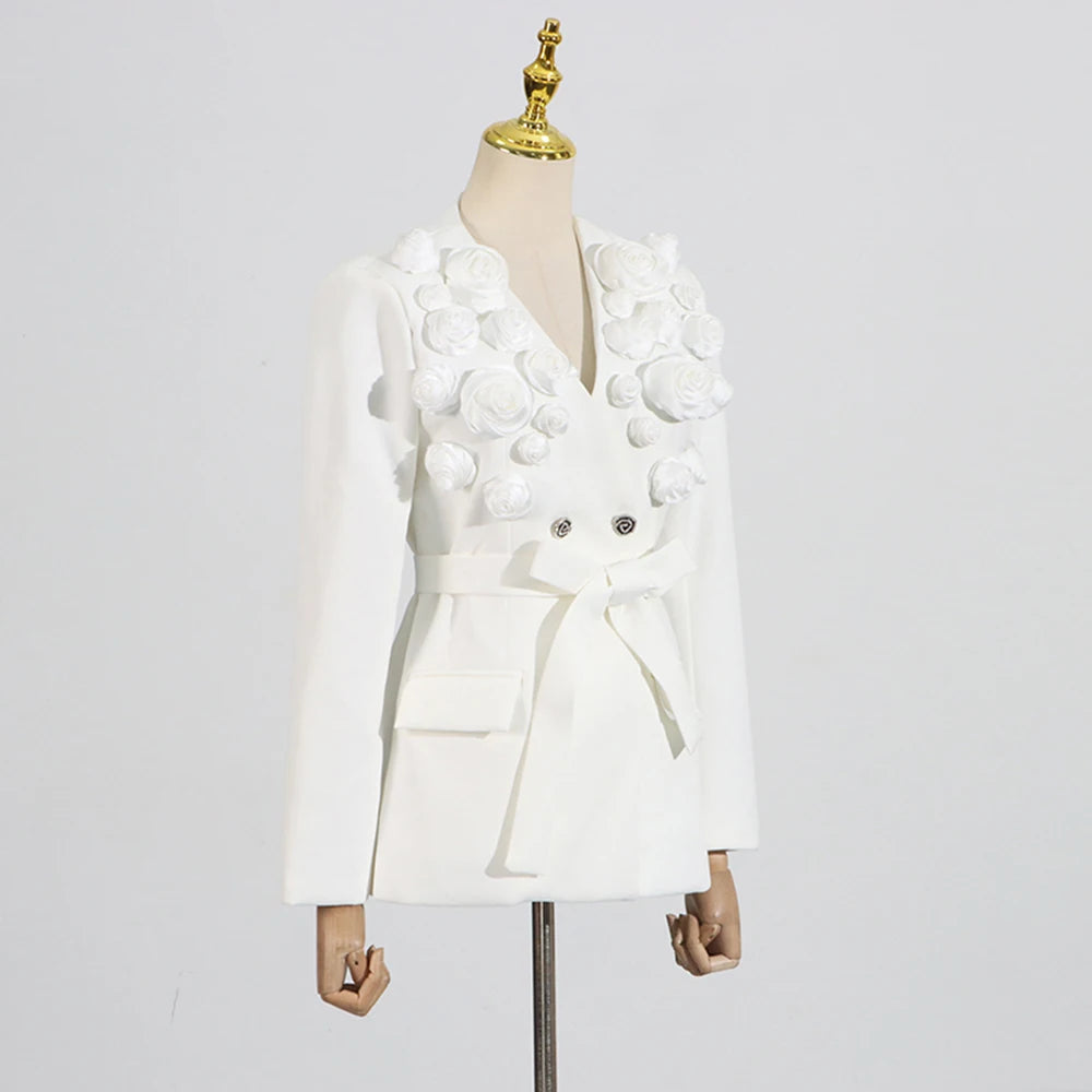 TWOTWINSTYLE Solid Spliced Appliques Two Piece Sets for Women V Neck Long Sleeve Patchwork Pocket Top High Waist Pant Set Female