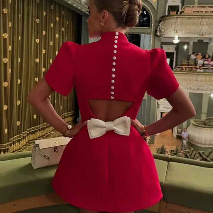 Fashion Red Bow Mini Dress Short Sleeve Women Pad Shoulder Dresses  Backless Hollow Out Ladies Summer Chic A-line Party Vestidos
