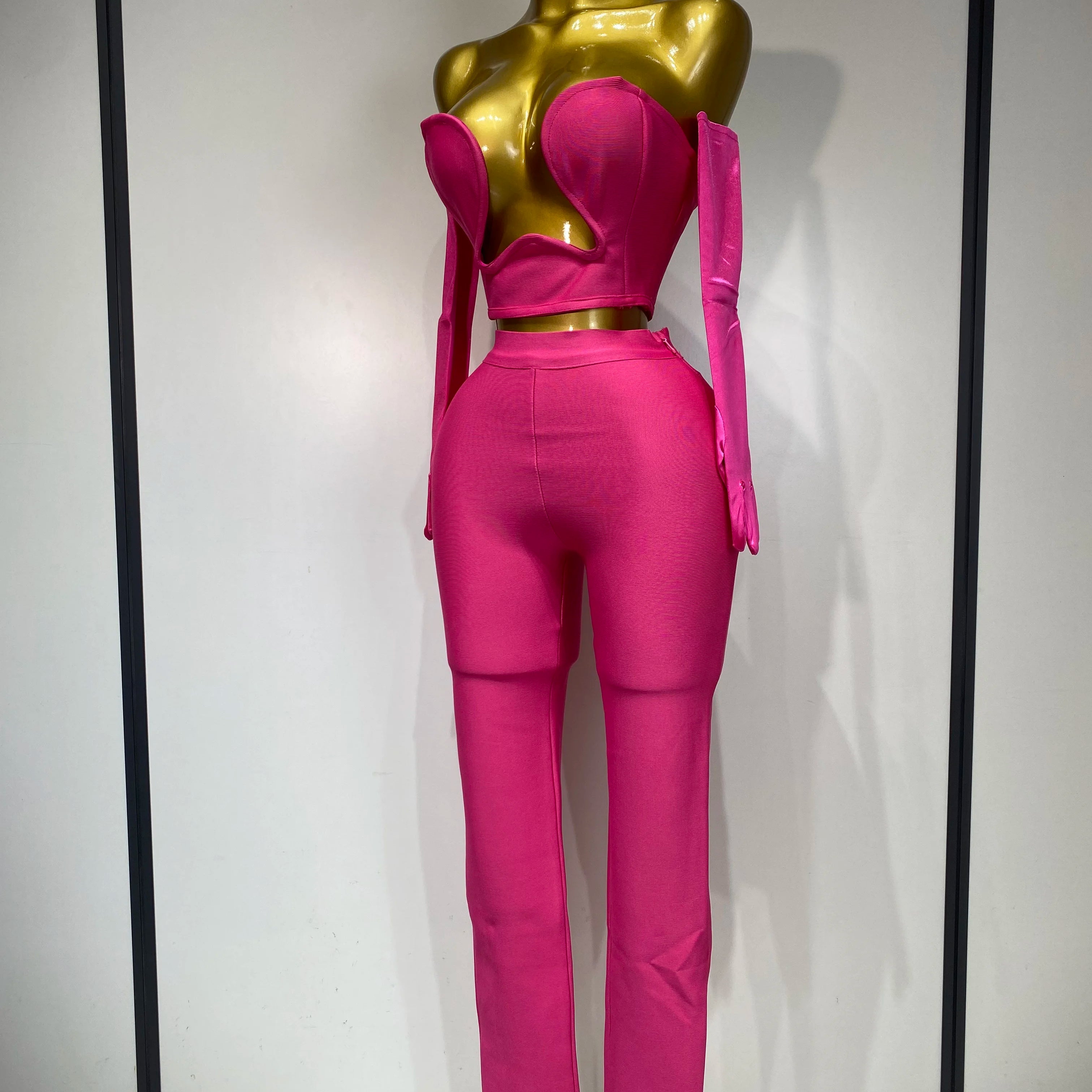 Women Sexy Strapless Backless Hot Pink Glove Pants Bandage Three Piece Suit Celebrity Designer Fashion High Street Pant Suits