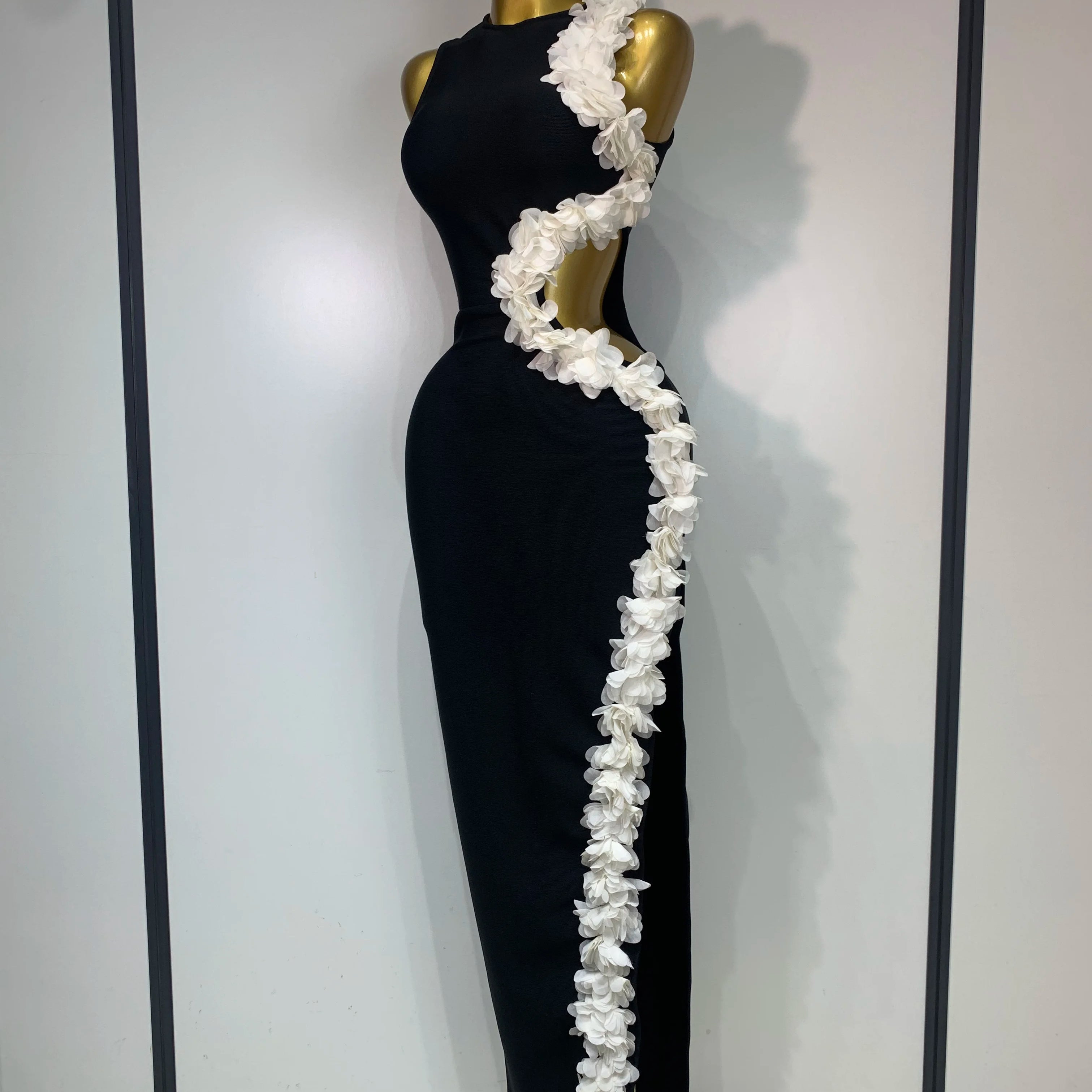 Vestido longo longo com decote redondo e recorte floral, sexy, colado ao corpo, para celebridades, elegante, para festa de aniversário, 2025