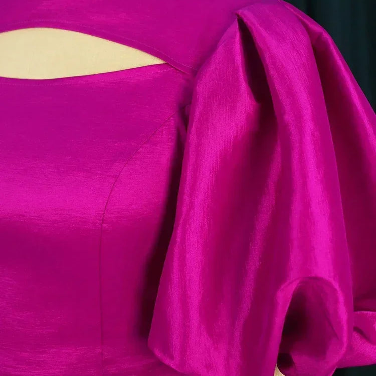 Elegant Women Long Dresses 2024 Party Event Shiny Sexy Puff Sleeve Cut Out Bodycon Summer Dress Fuchsia Birthday Celebrity Gowns