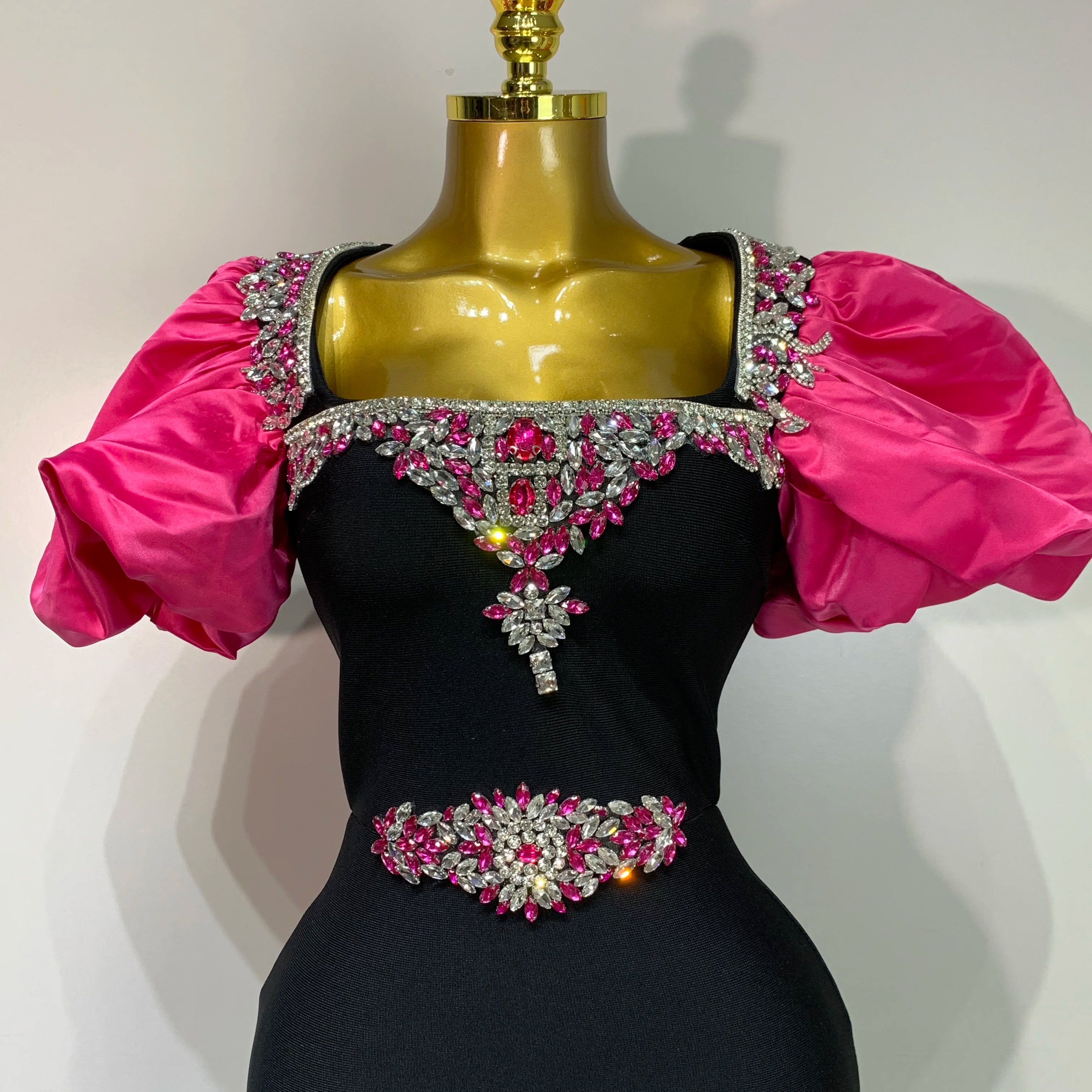 Women Sexy Puff Sleeve Square Collar Shinning Crystal Bodycon Long Bandage Dress Celebrate Evening Party Luxury Birthday Dress