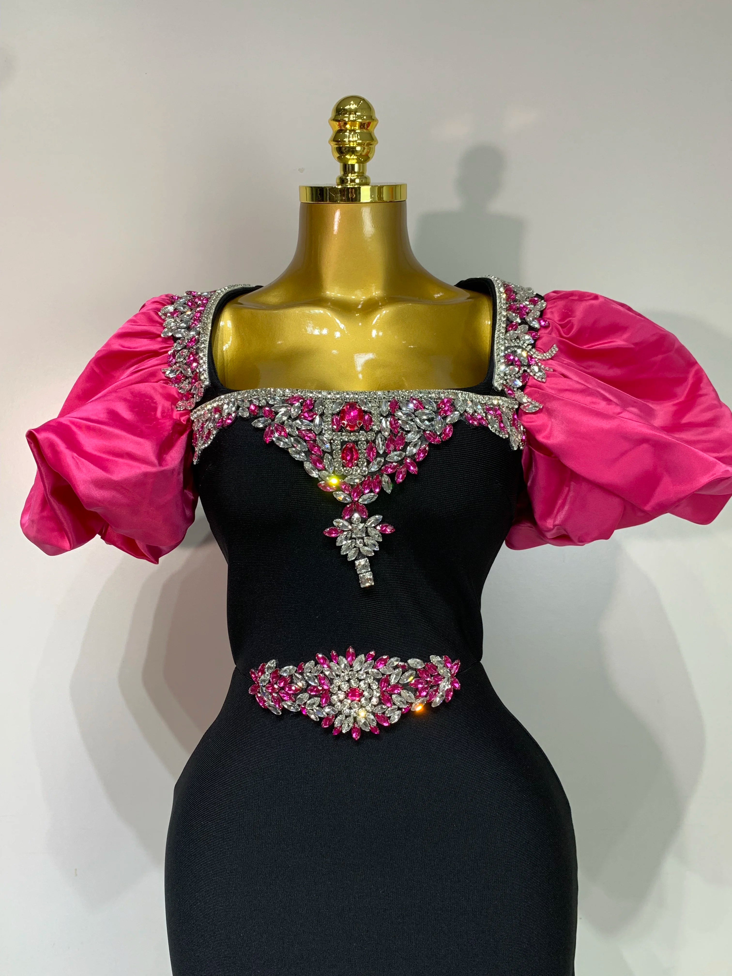 Women Sexy Puff Sleeve Square Collar Shinning Crystal Bodycon Long Bandage Dress Celebrate Evening Party Luxury Birthday Dress