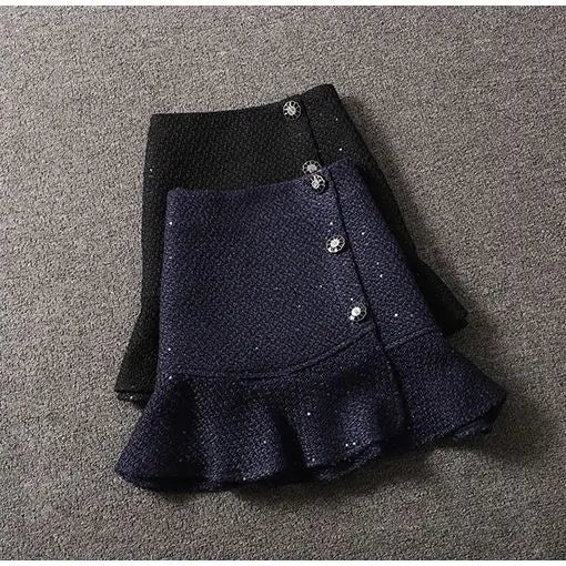 Sequin Tweed Skirt for women autumn winter korea style high waist slim ruffle skirt lady Woolen mermaid skirt