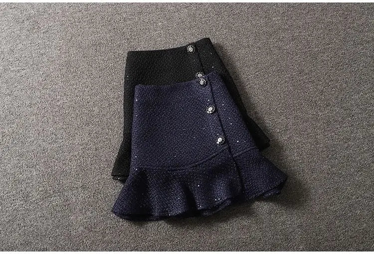Sequin Tweed Skirt for women autumn winter korea style high waist slim ruffle skirt lady Woolen mermaid skirt