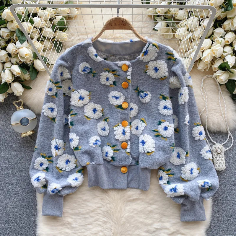 Sweet Long Sleeve Single Breasted Short Jacket Retro Three-dimensional Flower O Neck Clothing Winter 6 Color Coat