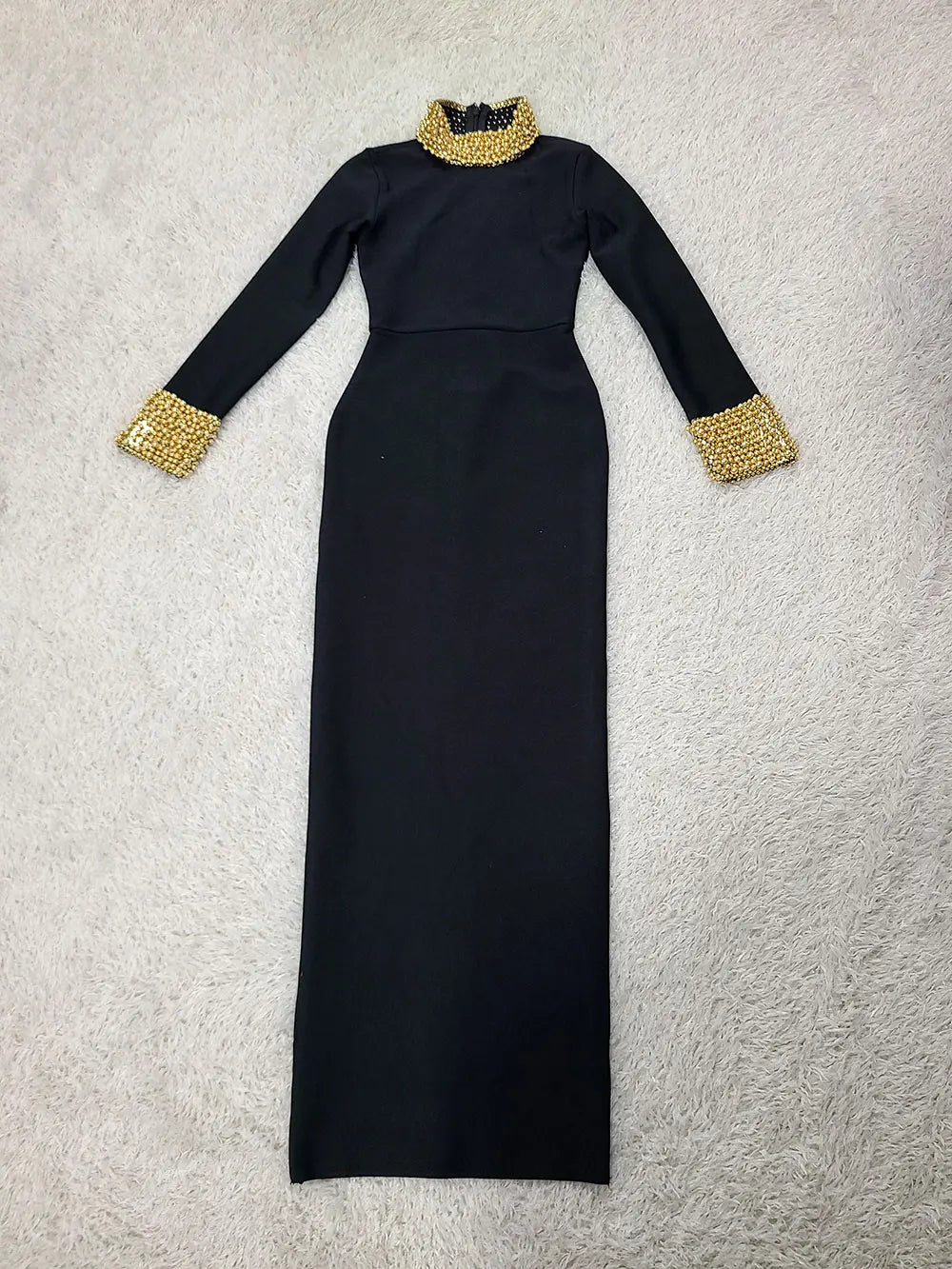 2025 Elegant Women Light Luxury Nail Bead Design Bandage Dress High Collar Long Sleeve Bodycon Long Dress Evening Party Vestidos