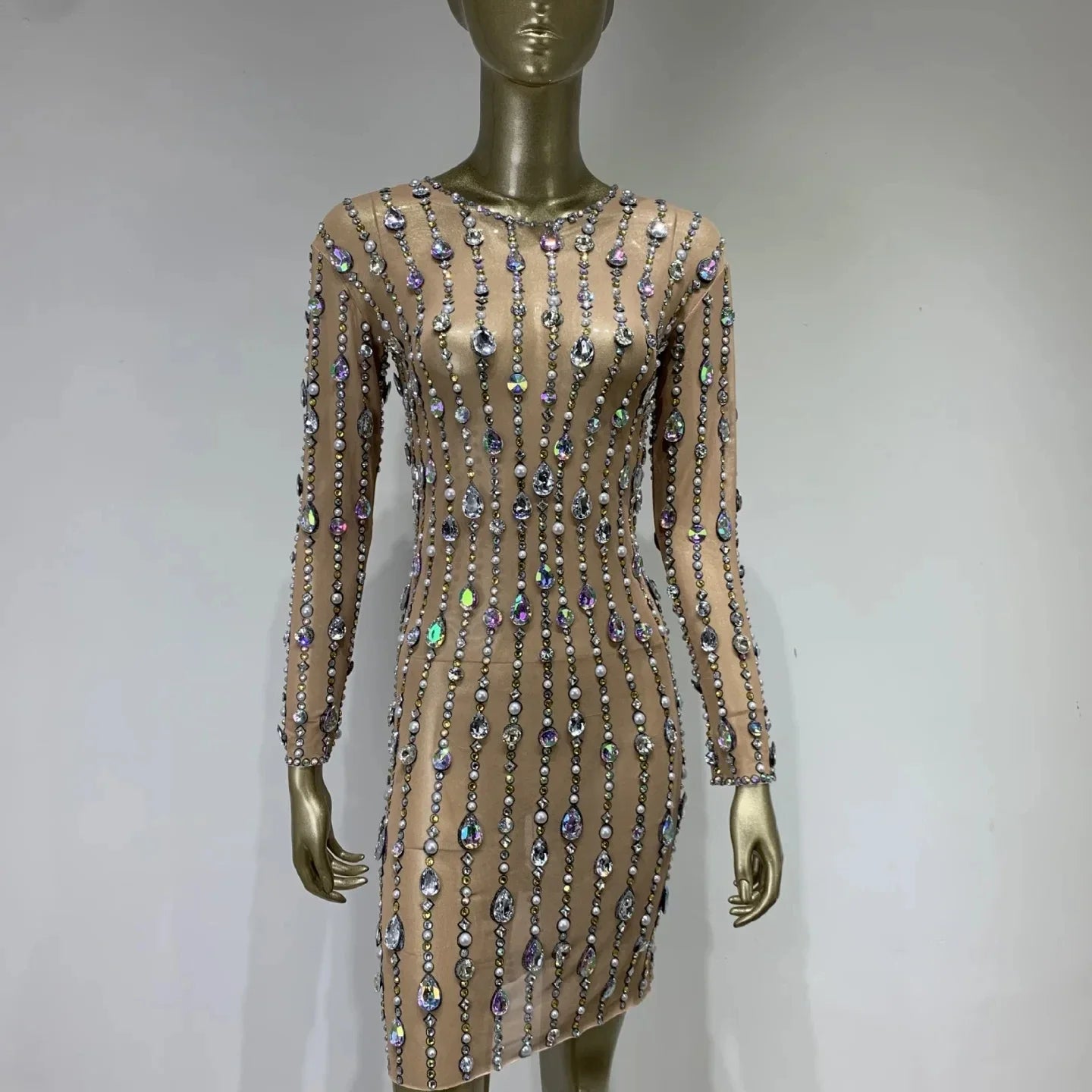 Stock Women Luxury Sexy Mesh Crystal Diamonds Beading Mini Dress Birthday Party Costume Bar Nightclub Stage Performance Clothing