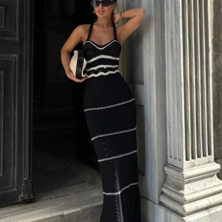 Knitted Long Dress Women Sexy Hollow Out Slim Suspenders Dresses New Summer Sleeveless Backless Beach Holiday Party Dress