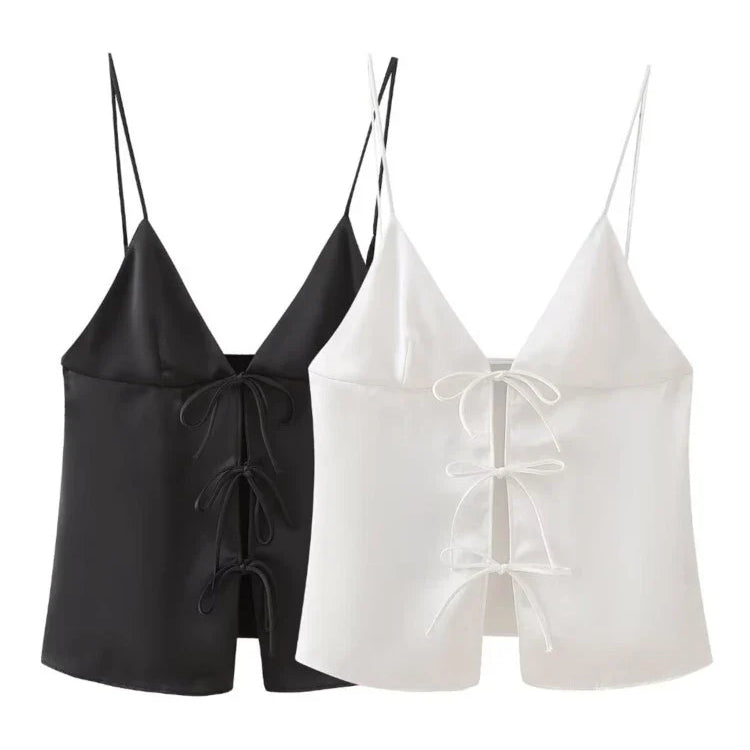 TRAF New Style Bowknot Tied Women Camis Summer V Neck Straps Tanks Sleeveless Backless Sexy Tanks Slim Female Crop Top Y2K