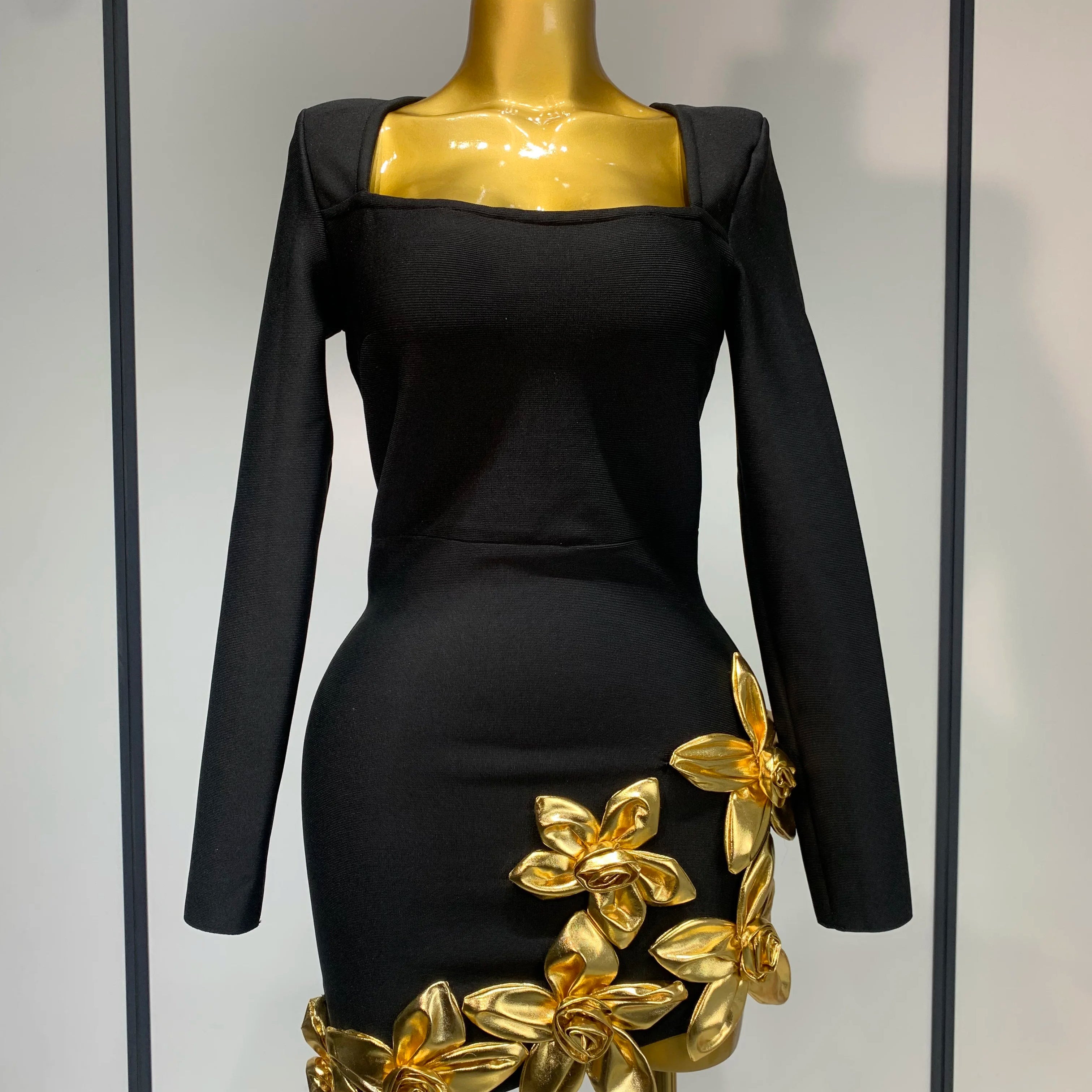 Women Long Sleeve Sexy Square Collar Gold Flower Bodycon Mini Bandage Dress Celebirty Elegant Nightclub Luxury Birthday Dresses