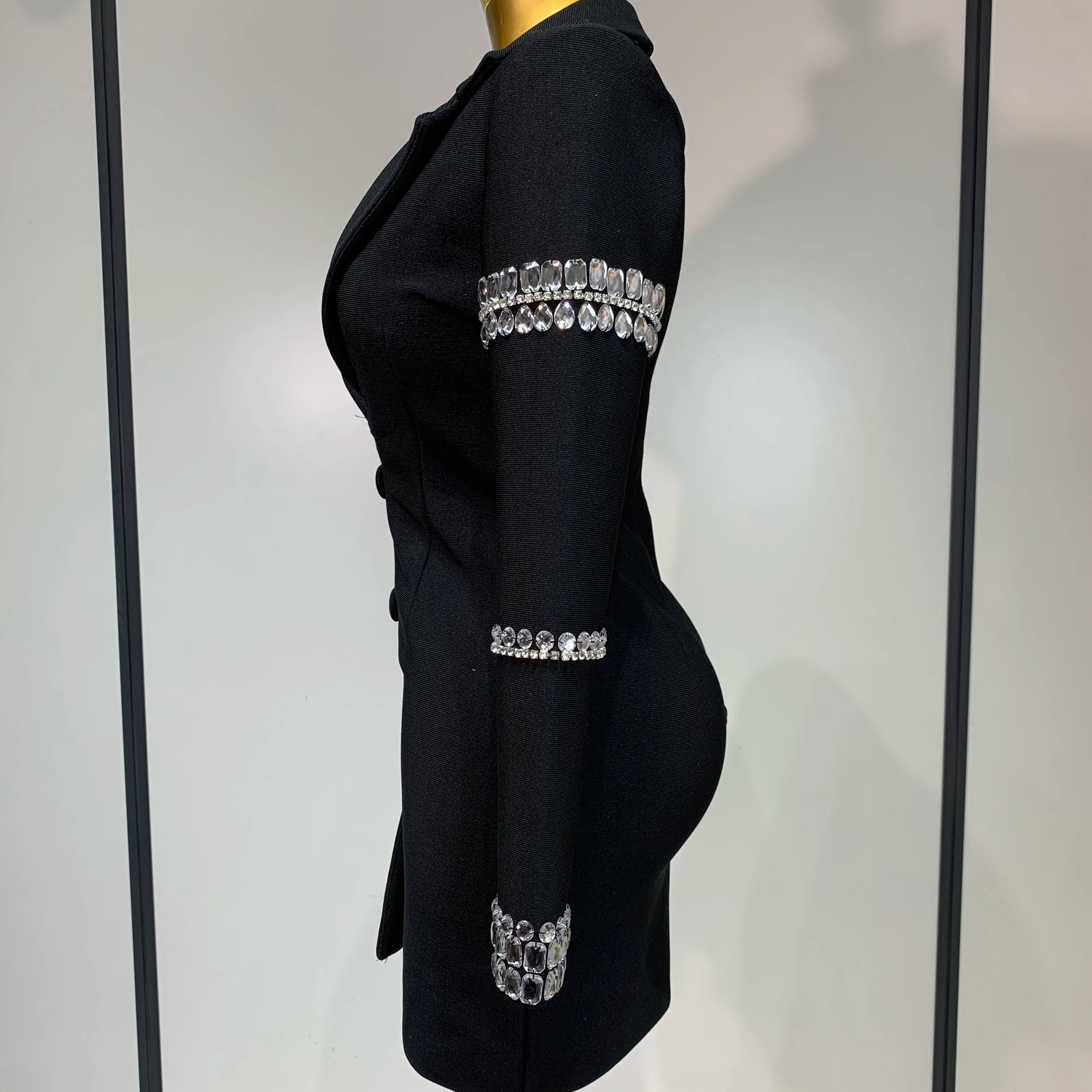 Women Sexy Long Sleeve V Neck Beading Rhinestone Mini Bodycon Bandage Dress 2025 Celebrity  Elegant Evening Party Birthday Dress