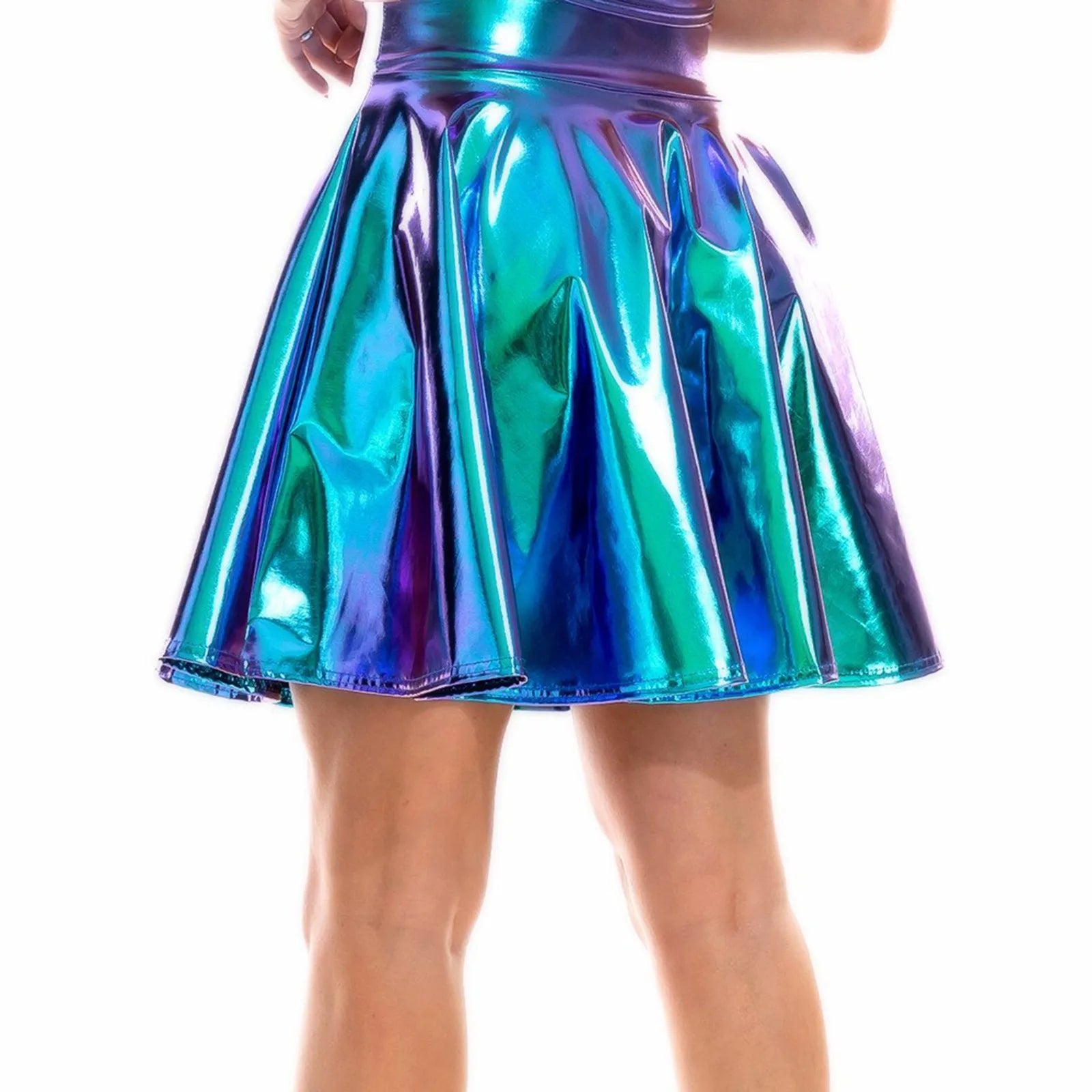 Women Shiny Metallic Pleated Skirt Stretchy High Waist A-Line Mini Skirts for Carnival Party Performance Nightclub Rave Dance Sky Blue