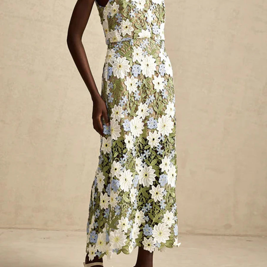 TWOTWINSTYLE Colorblock Slimming Fashion Midi Dresses for Women Square Neck Sleeveless Patchwork Applique Dress Female Clothing