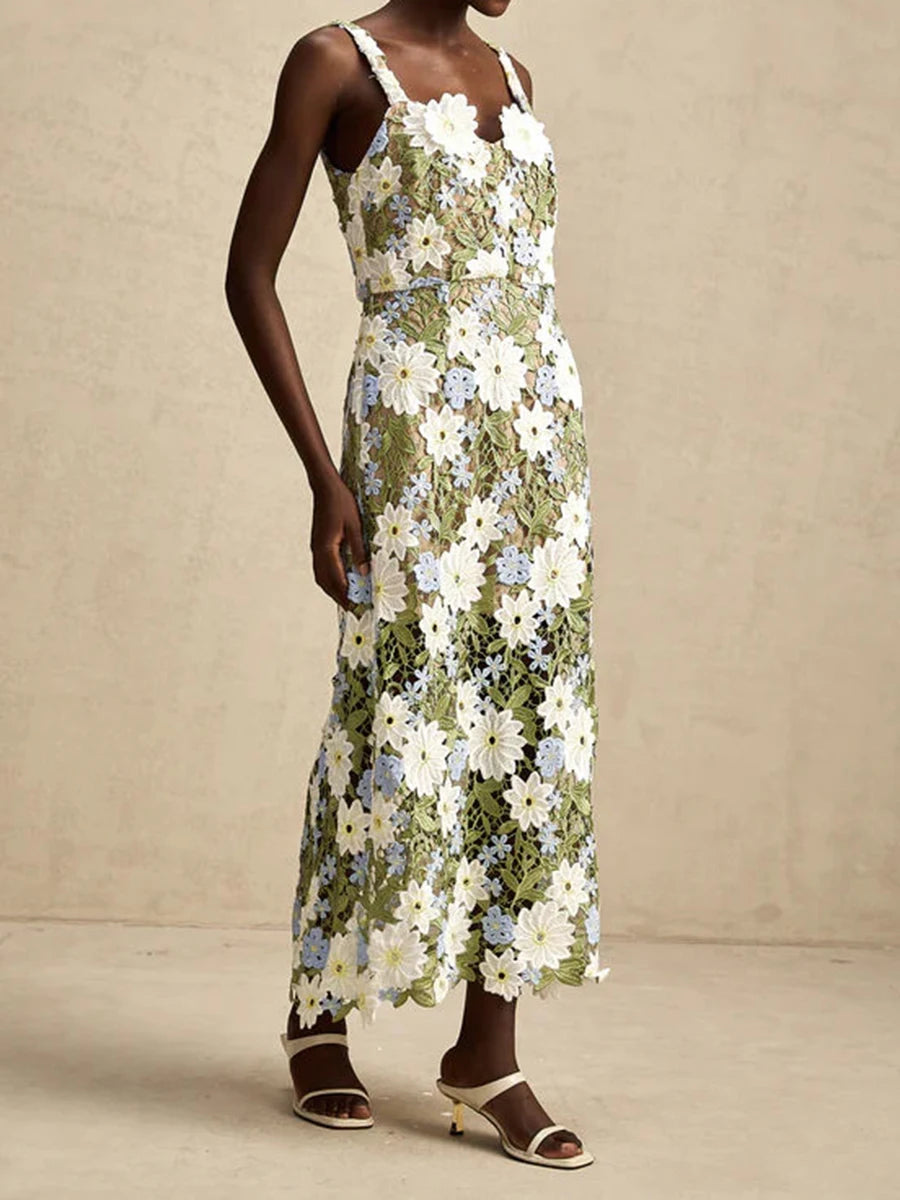 TWOTWINSTYLE Colorblock Slimming Fashion Midi Dresses for Women Square Neck Sleeveless Patchwork Applique Dress Female Clothing