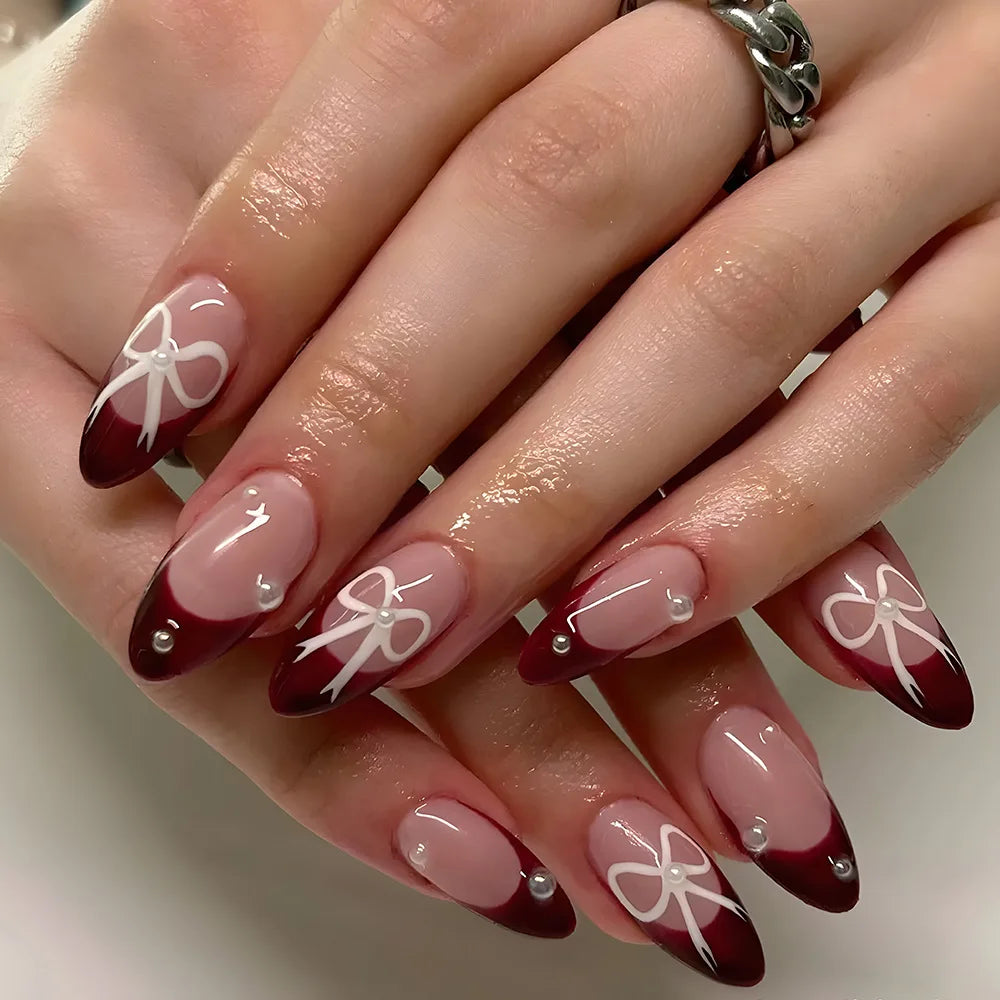 Red French Tip Fake Nails Long Almond Detachable Press on Nails Bowknot Printed Autumn and Winter Charm False Nails for Women