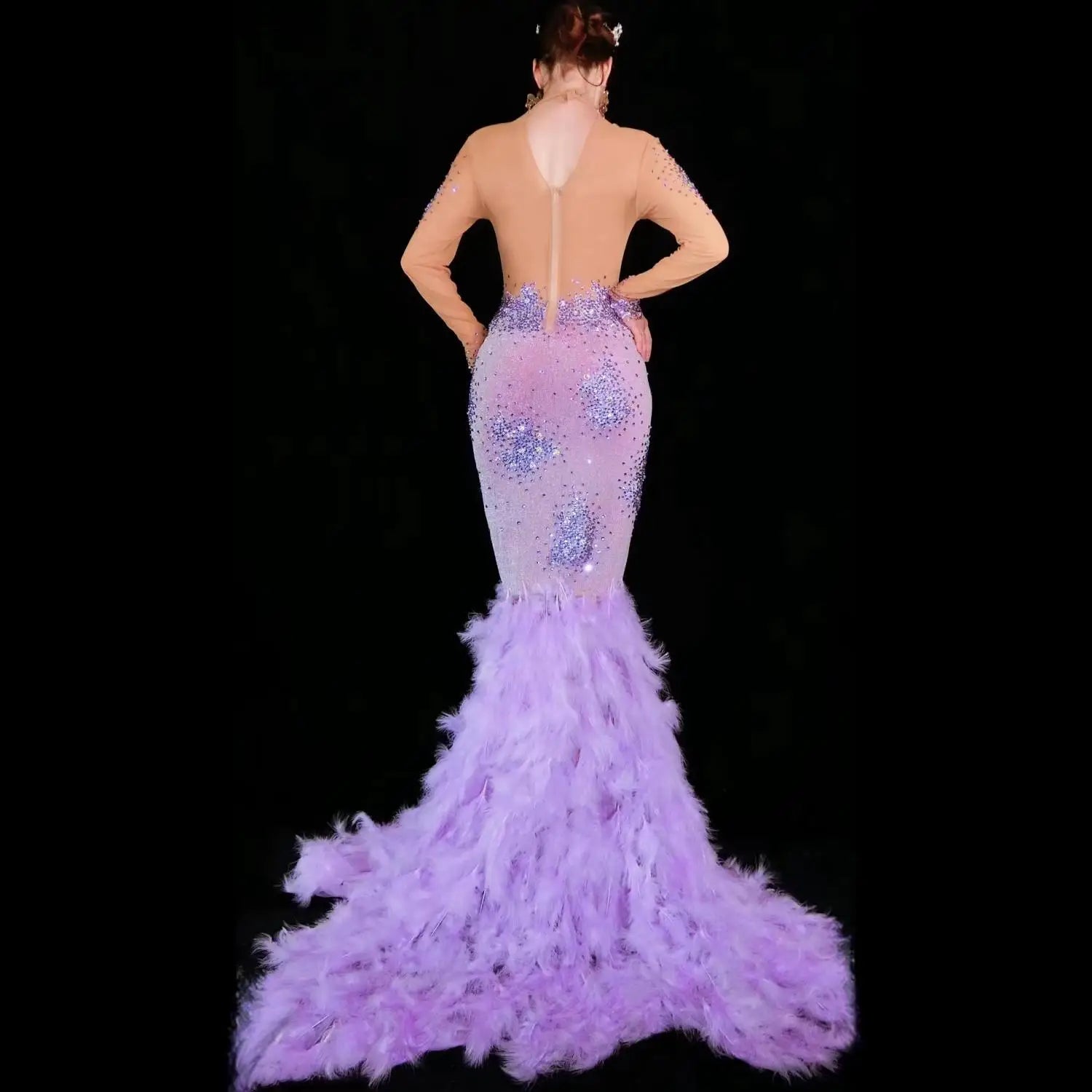 Luxury Rhinestone Long Feather Dresses for Women Birthday Celebrate Evening Prom Gown Singer Performance Stage Costume Shenniao