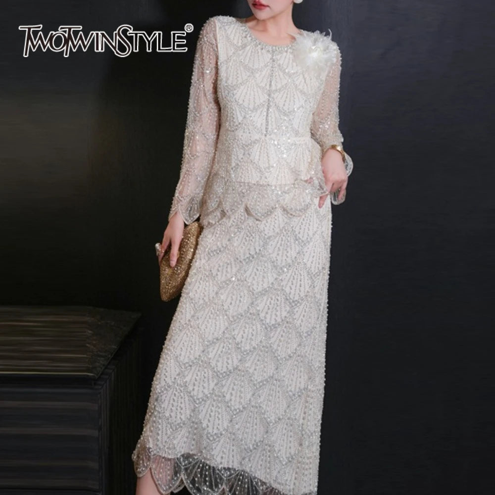 TWOTWINSTYLE Spliced Bead Luxurious Two Piece Sets for Women Round Neck Long Sleeve Patchwork 3D Flower Top Skirt Set Female New