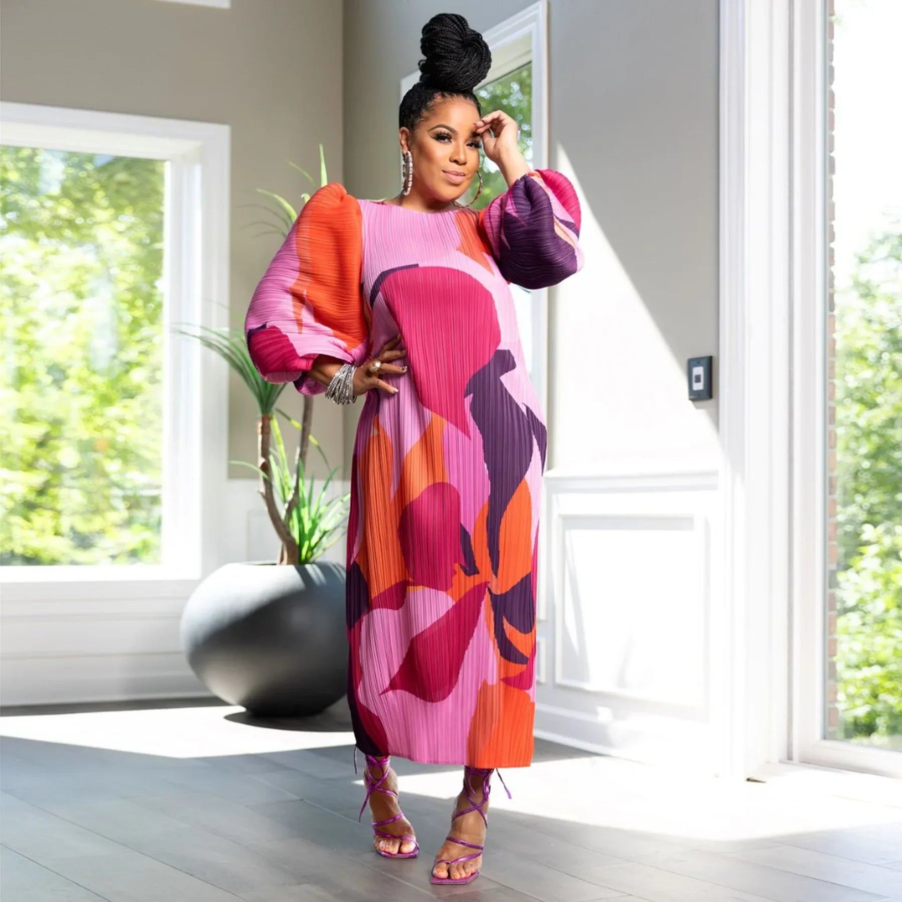 CM.YAYA Elegant Women Pleated Half Lantern Sleeve O-neck Slim Maxi Long Dress Print Fashion Autumn 2024 Ruched Dresses Vestidos