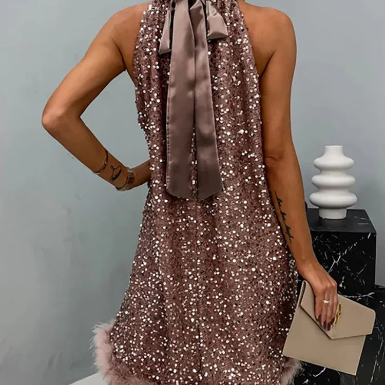 Sexy Party Club Tassel Patchwork Lady Dress Halter Sleeveless Slim Women Summer Dress Chic Off Shoulder Casual Lacing Up Dress