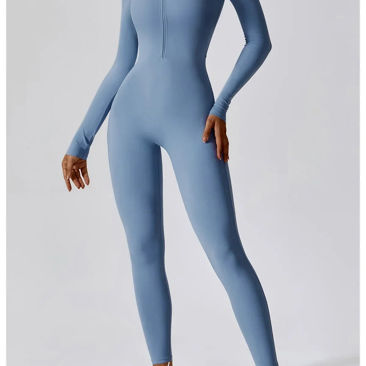 Yoga Jumpsuit Women Seamless Sports Zipper Jumpsuit Set Gym Long Sleeve Fitness Suit Elastic Gym Workout Bodysuit Athletic Wear Steel Blue