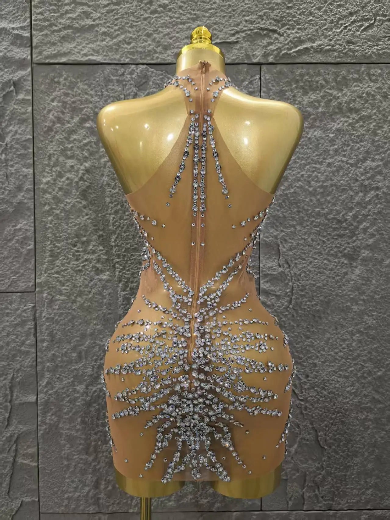 Shinning Crystal Women Sexy Sleeveless Mesh See Thorugh Bodycon Mini Dress Nightclub Party Bar Singer Performance Stage Wear