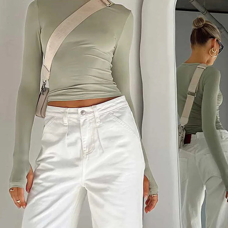 Fashion Women T-shirt Long Sleeve Crew Neck Solid Slim Fit Ladies Crop Top with Thumb Holes for Daily Streetwear Summer Camis