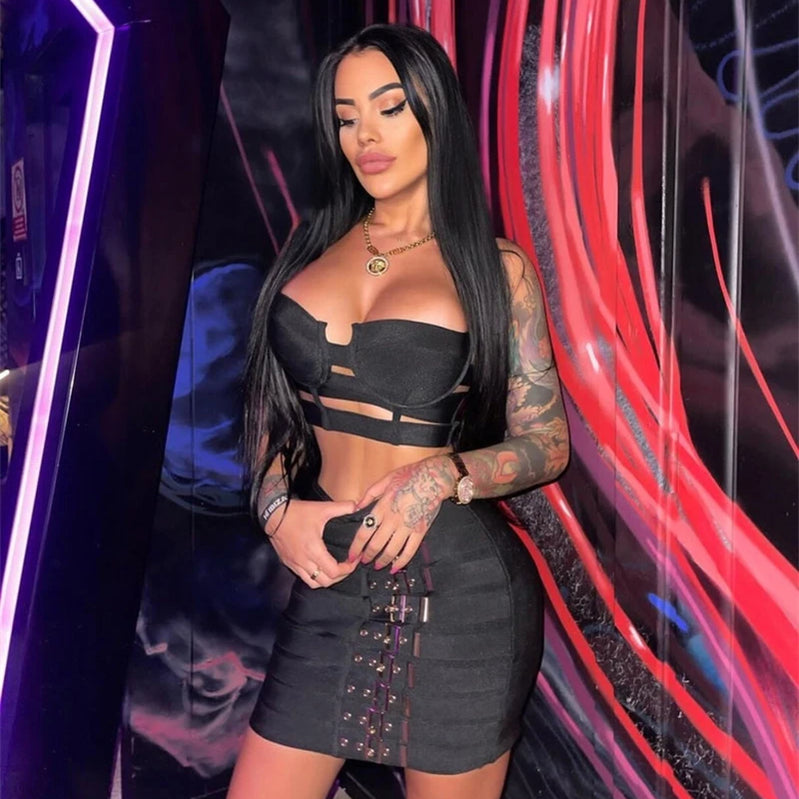 STOCK Fashion's Sexy Expose WaistWoman Set Hollow Out Short Spaghetti Strap Top And Blets Mini Skirt 2 Pieces High Street Wear