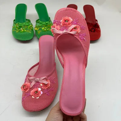 2025 Summer Spring Women Slippers for Woman Mesh Flower High Heeled Shoes Sexy Ladies Slip-On Non-Slip Round Toe Wedding Sandals