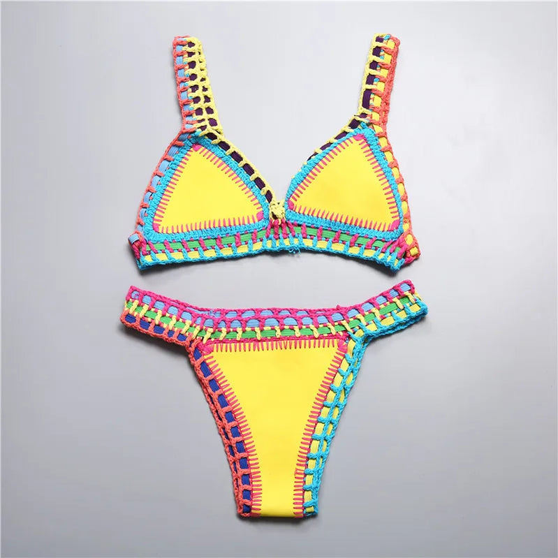 Knitted Bikini  2-piece Swimsuit for Women,summer Beach Vacation Bathing Suit,sexy Triangle Cup V-neck Suspender Swimwear