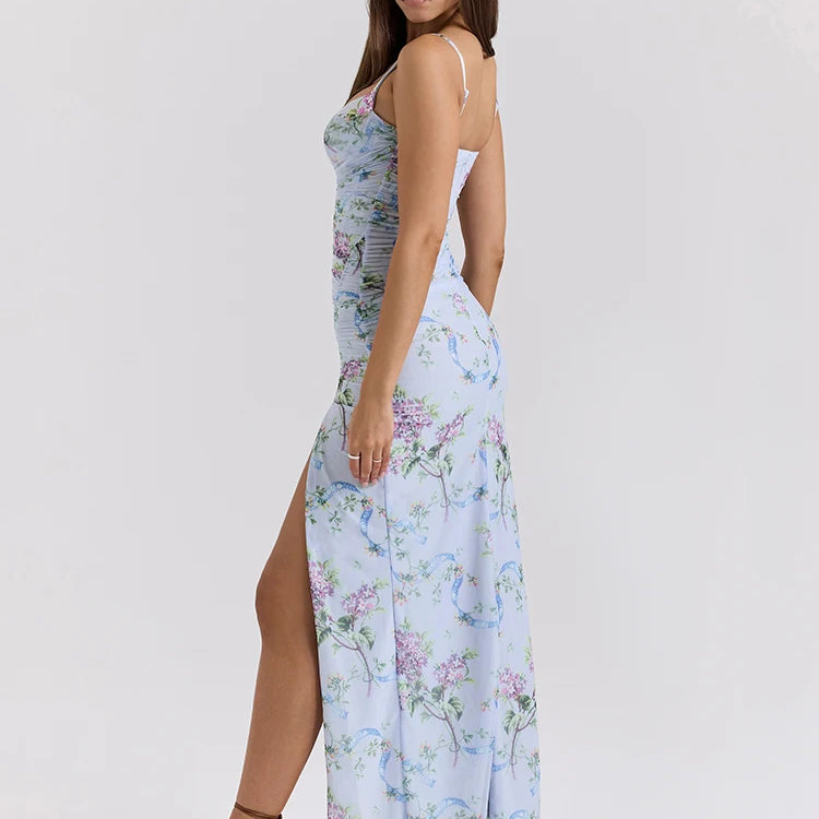 Vestido longo de malha com estampa floral azul para mulheres, com zíper, alças finas, sem mangas, costas nuas, fenda, vestido longo para festa