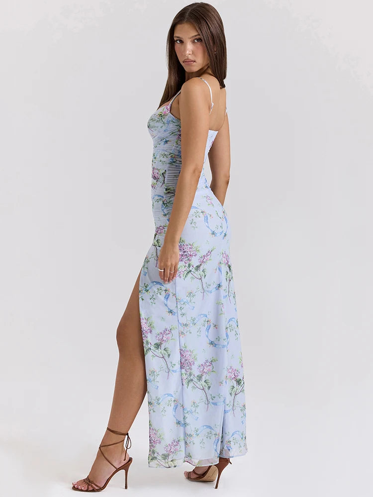 Vestido longo de malha com estampa floral azul para mulheres, com zíper, alças finas, sem mangas, costas nuas, fenda, vestido longo para festa